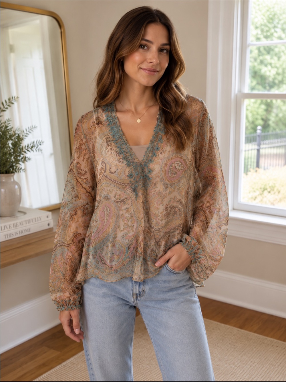 Boho Paisley V-Neck Blouse in Multi-Tone